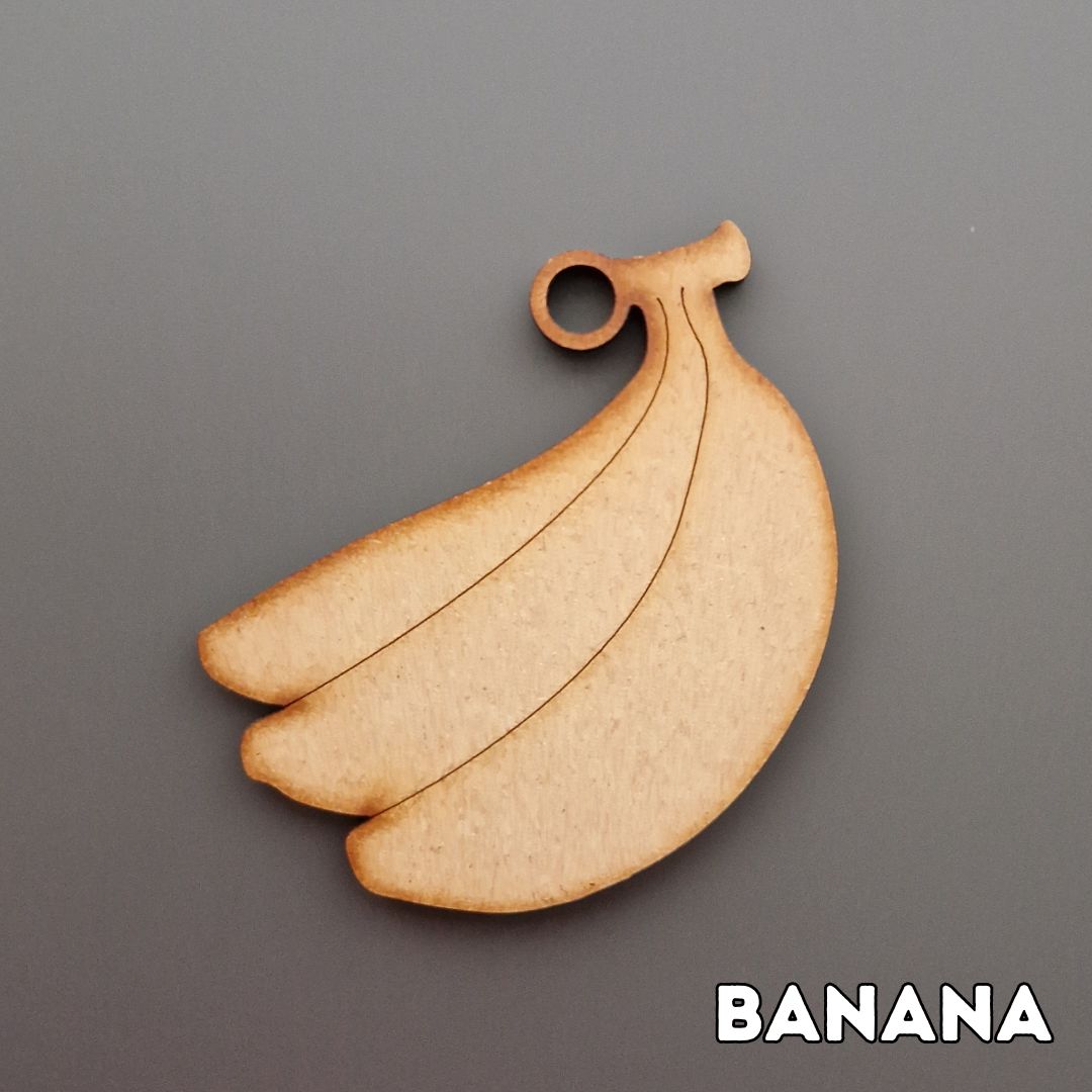 wooden banana shape displayed on grey background