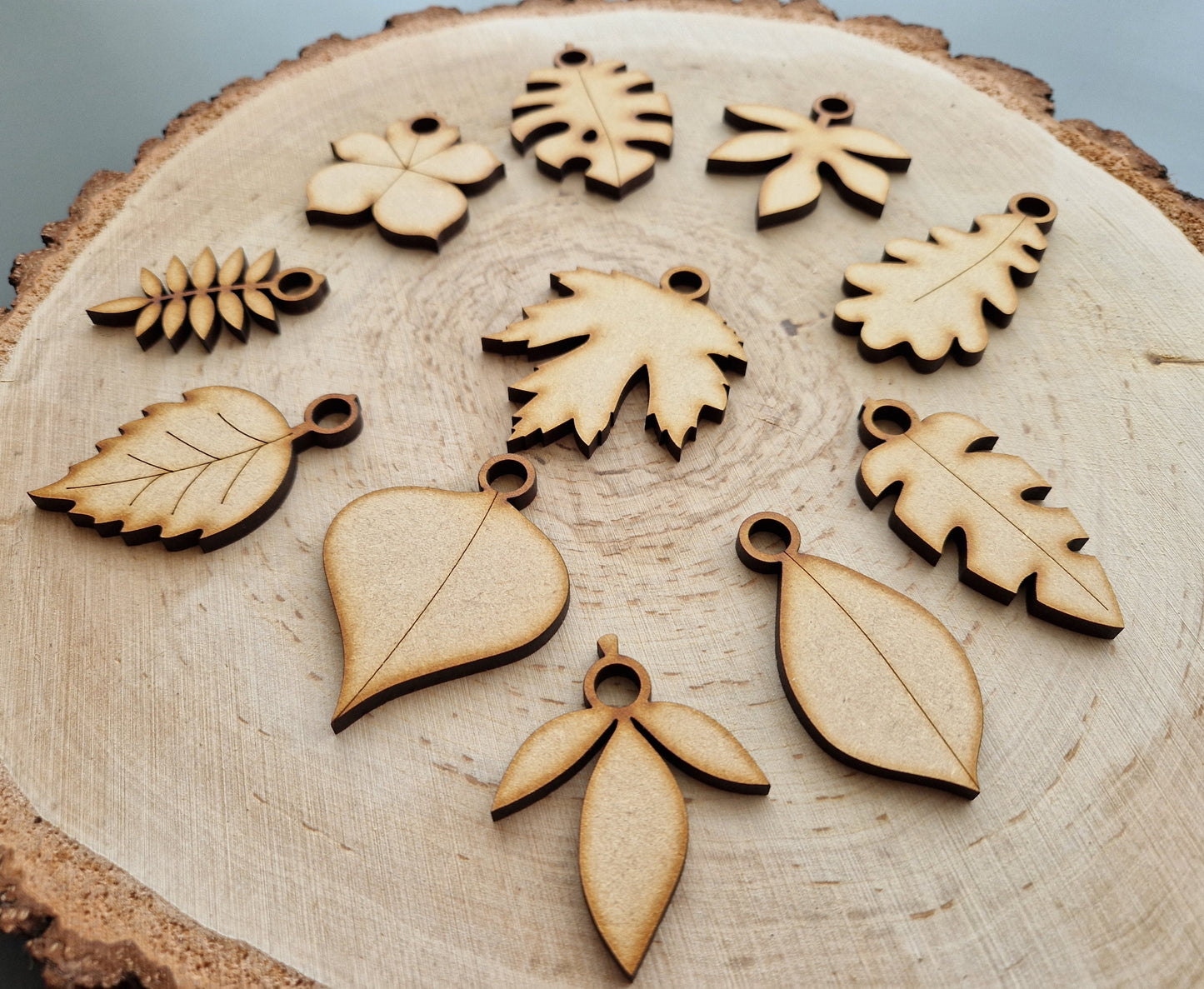 Wooden leaf shapes displayed on wooden background