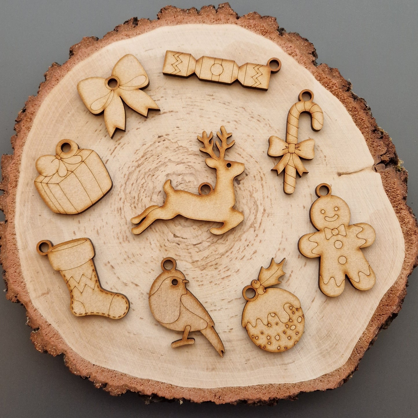 Large Christmas Tree and 18 Wooden Hanging Decorations