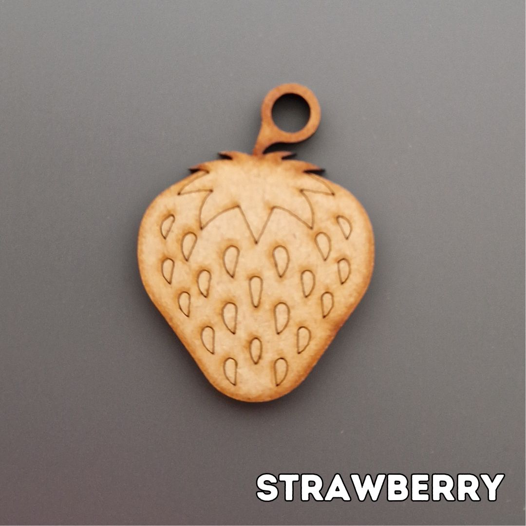 wooden strawberry shape displayed on grey background