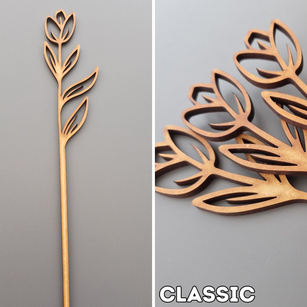 wooden tulip displayed on grey background