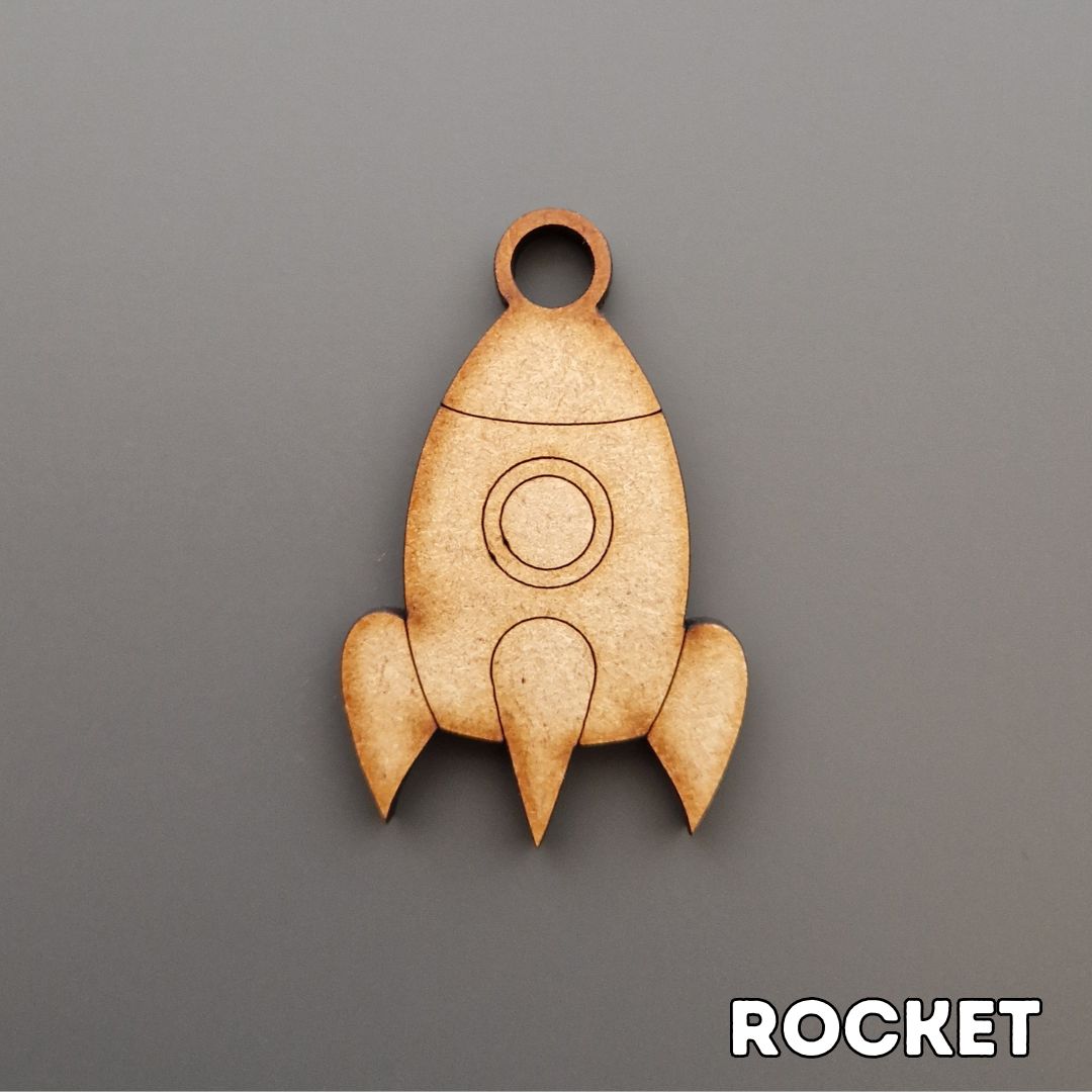 wooden rocket shape displayed on grey background