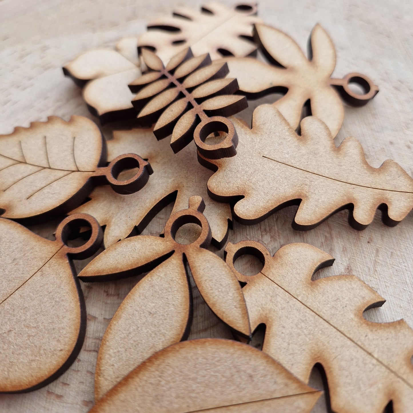 Wooden leaf shapes displayed on wooden background