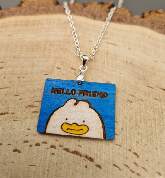 Necklace with a wooden pendant featuring the Hello friend not card from kpop demon hunters