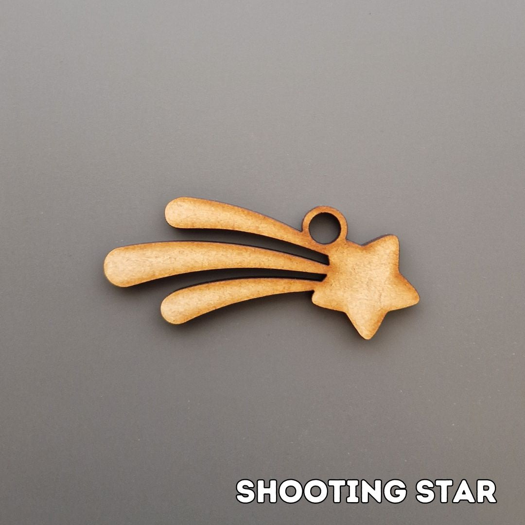 wooden shooting star shape displayed on grey background