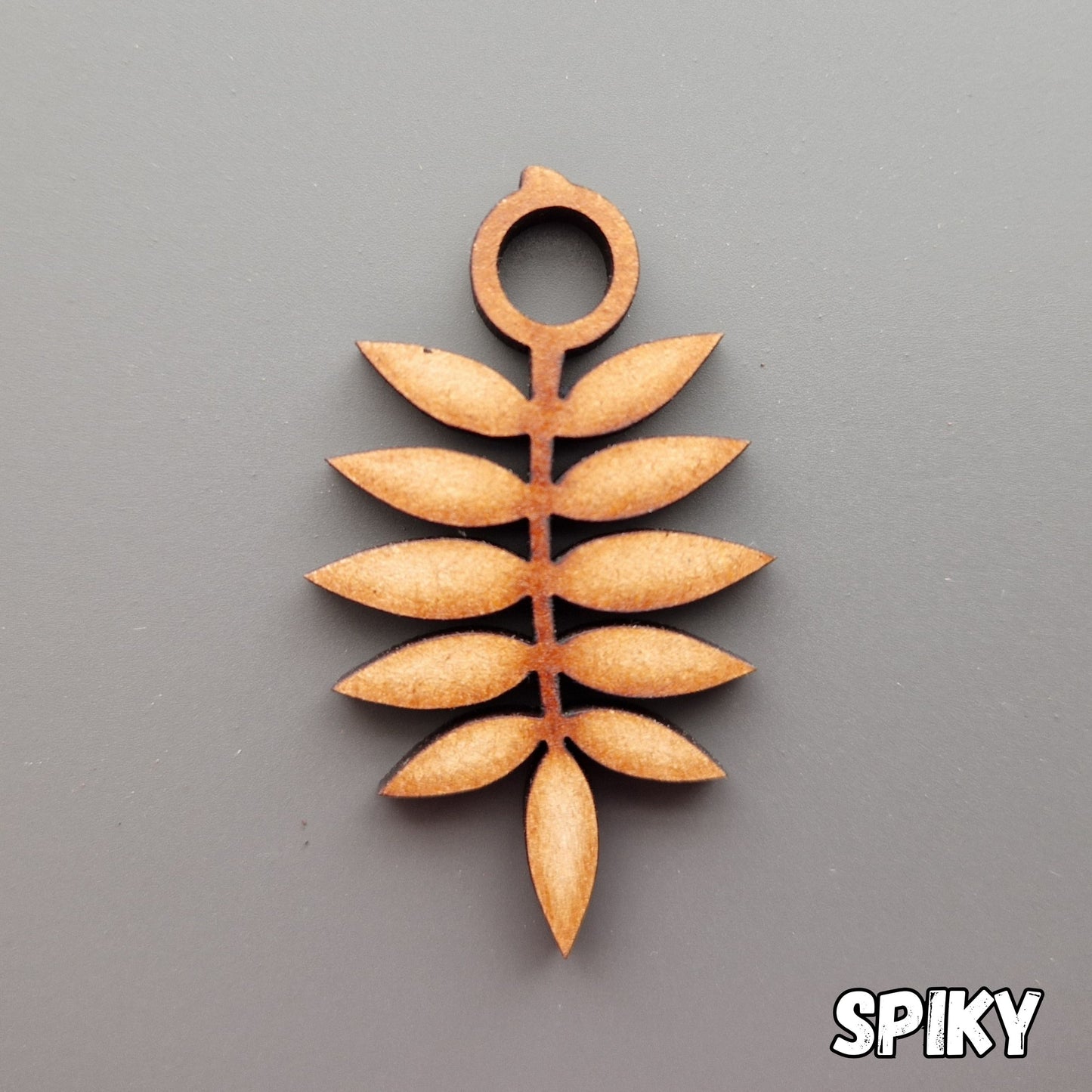 Wooden leaf shape displayed on grey background
